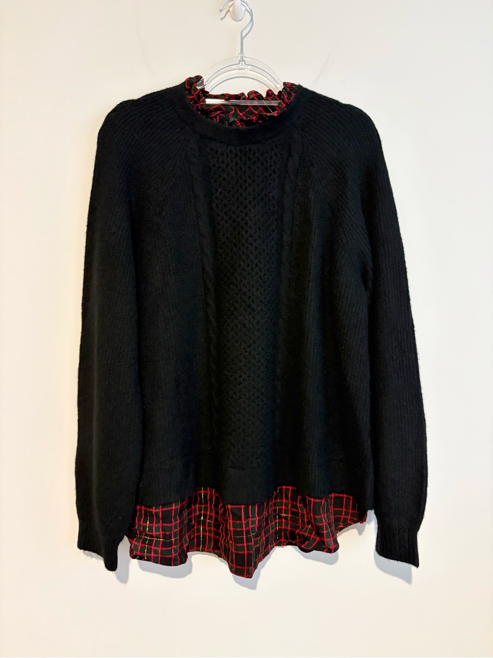 Loft Cable Knit Sweater layered plaid shirt Plaid Trim black red XXl